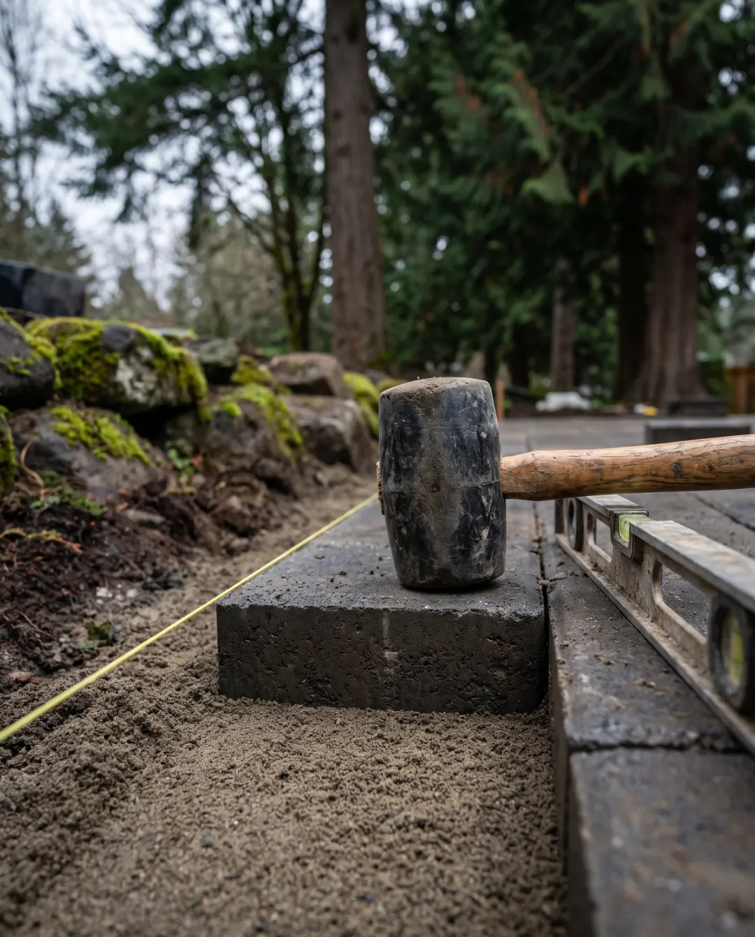 Rubber mallet setting a paver into a sand bed beside a level and string line