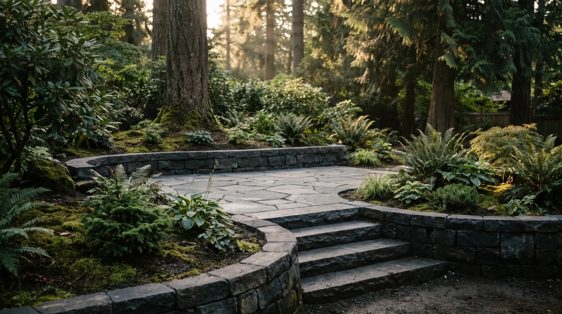 Stone patio with a basalt-block retaining wall and steps, surrounded by planting