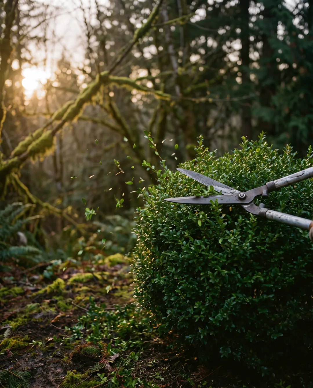 Hedge shears mid-cut along a boxwood, clippings falling