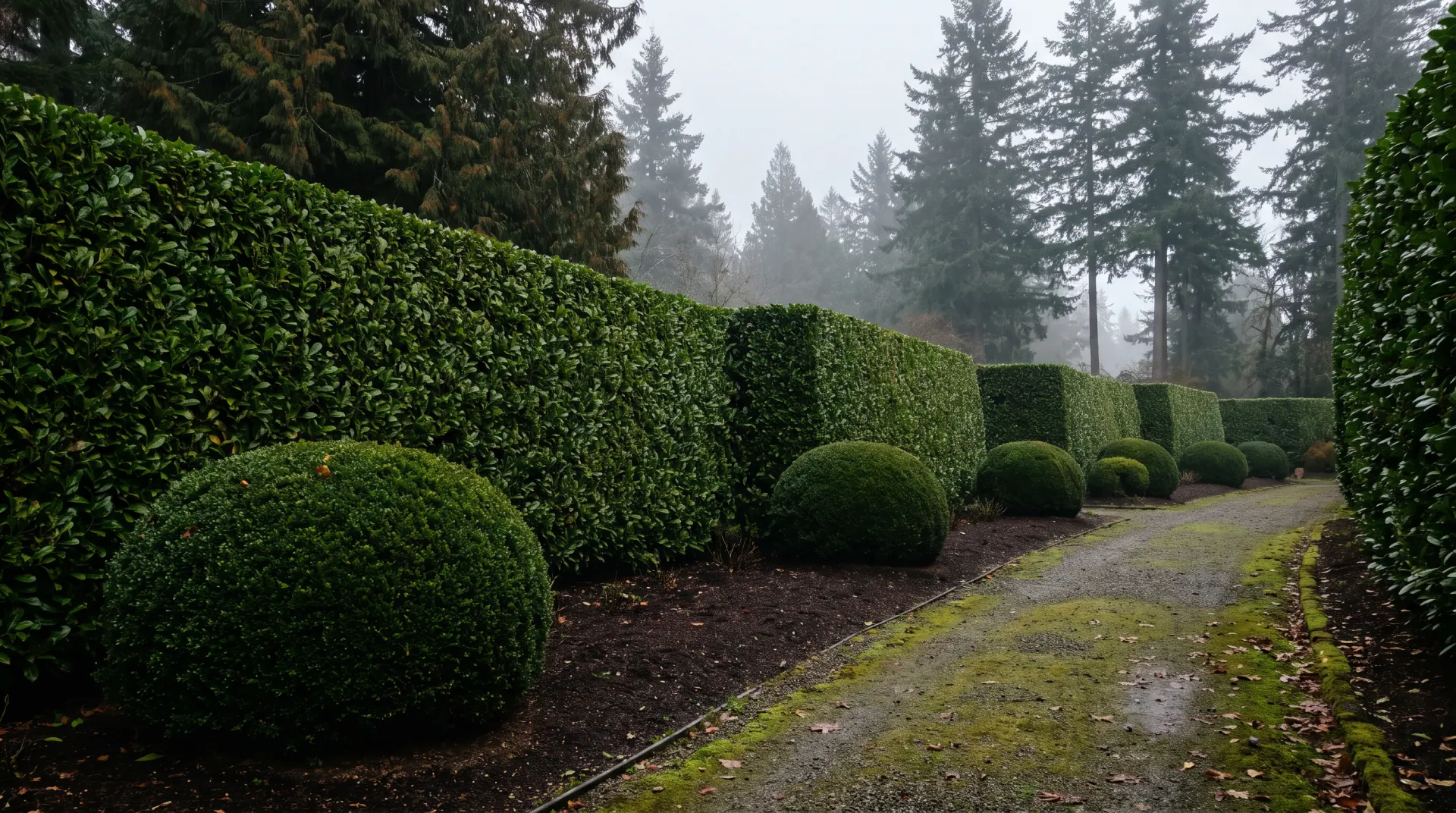 Laurel hedge sheared into clean planes along a gravel path with clipped boxwood balls