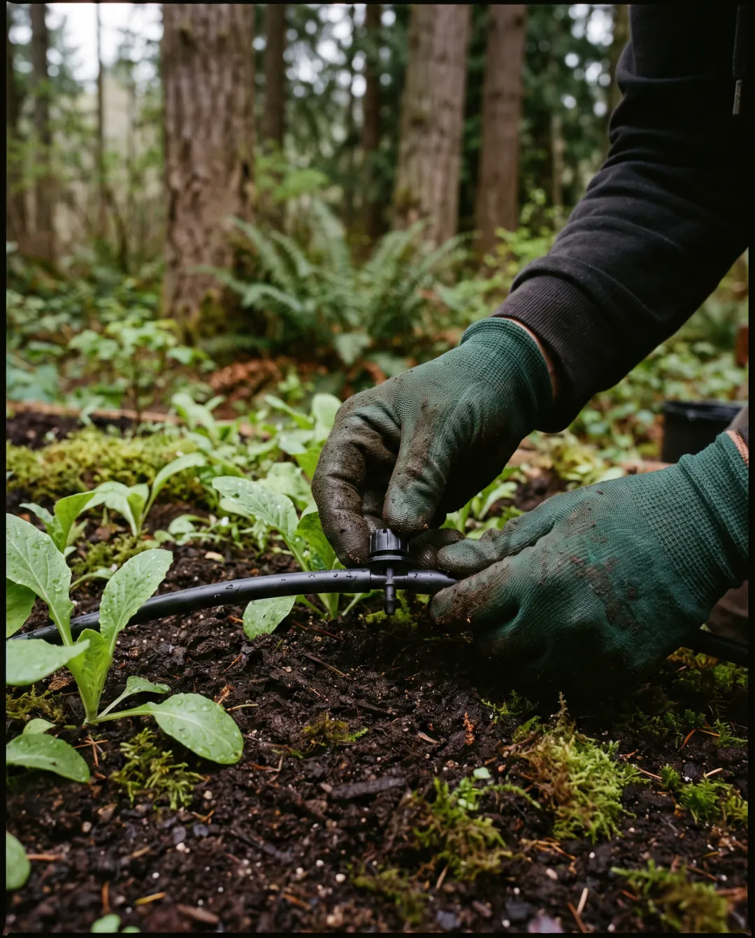 Gloved hands connecting drip irrigation tubing beside young plants