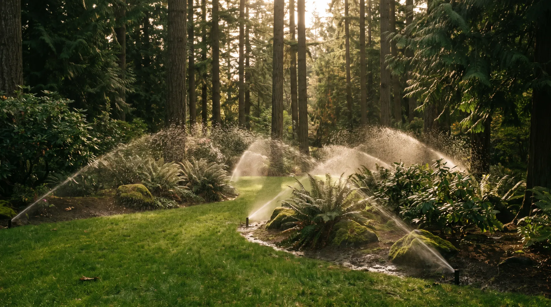 Sprinklers watering a lawn and beds, spray backlit by the low sun