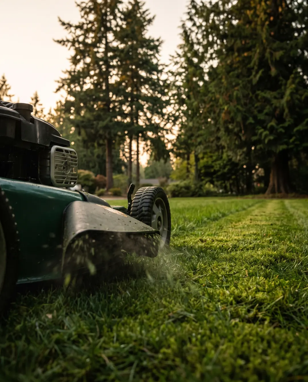 Low-angle view of a mower deck cutting a wet lawn at golden hour, mown stripe behind