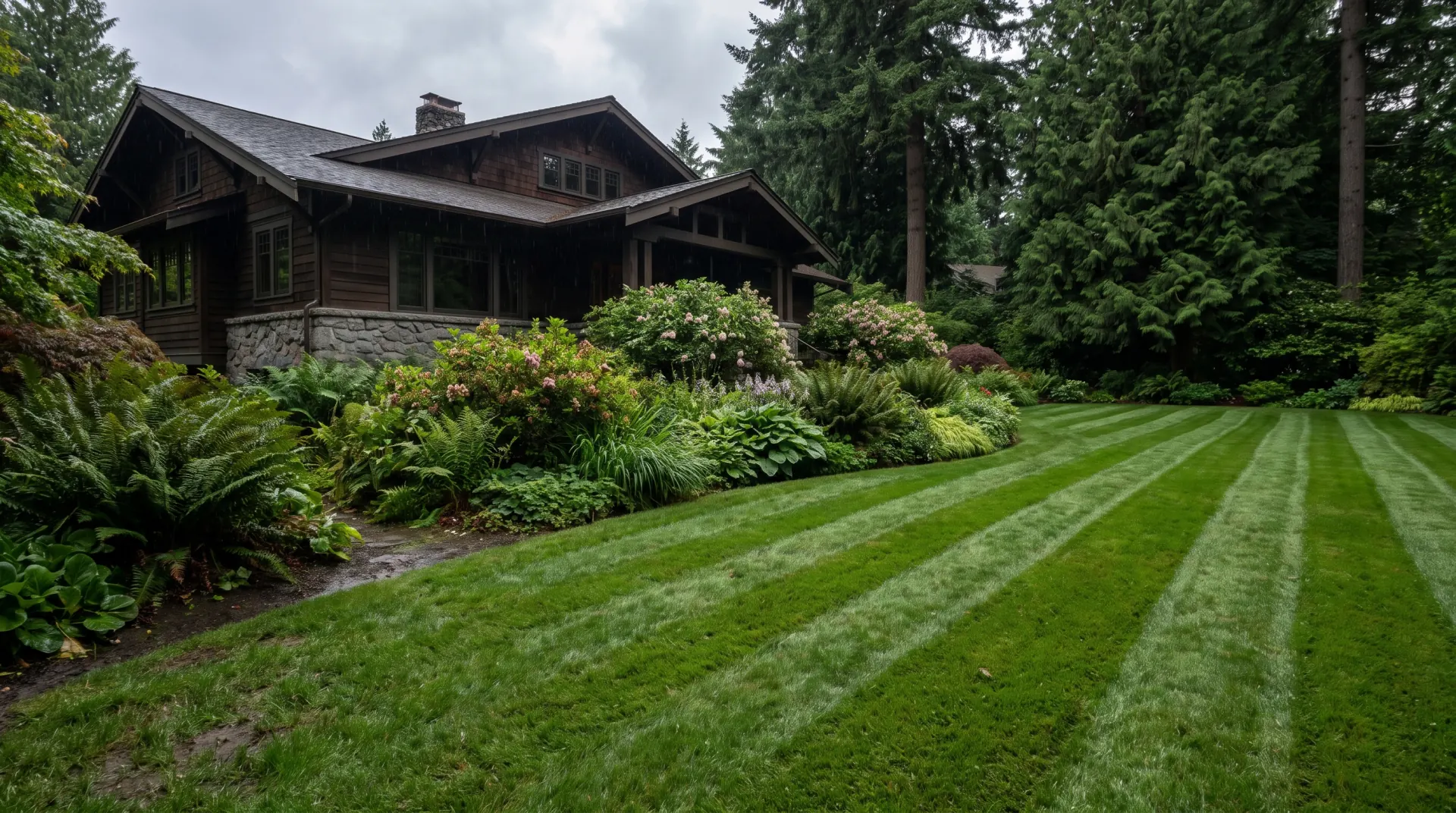 Striped, freshly mowed lawn leading to a garden border and craftsman house