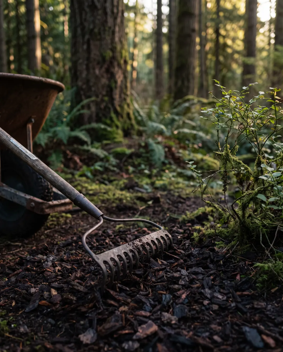 Rake spreading dark bark mulch around a shrub beside a wheelbarrow