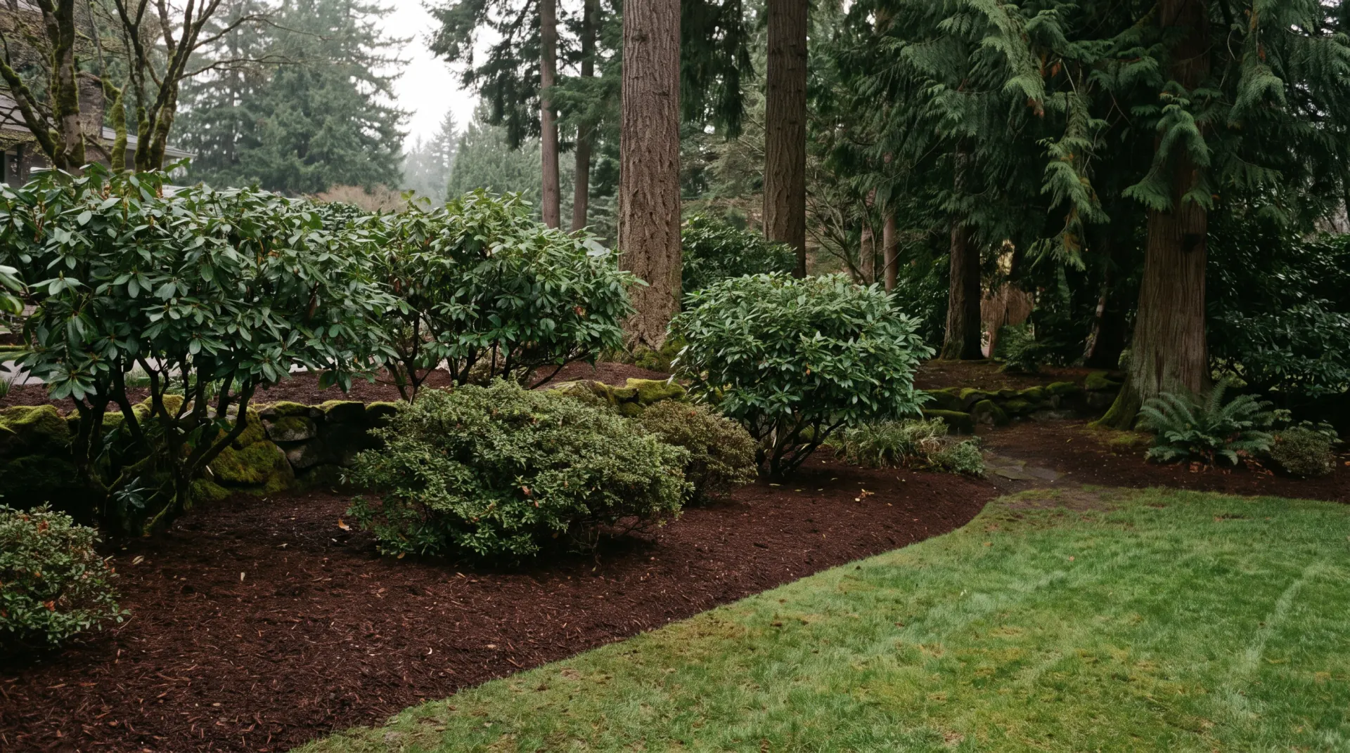 Beds freshly topped with dark bark mulch around rhododendrons, with a crisp lawn edge