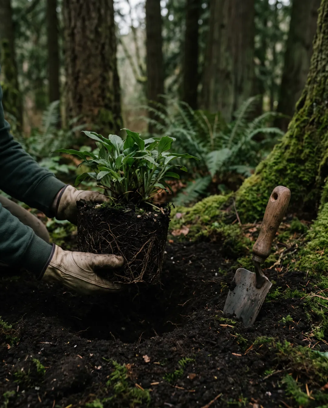 Gloved hands setting a perennial's root ball into amended soil