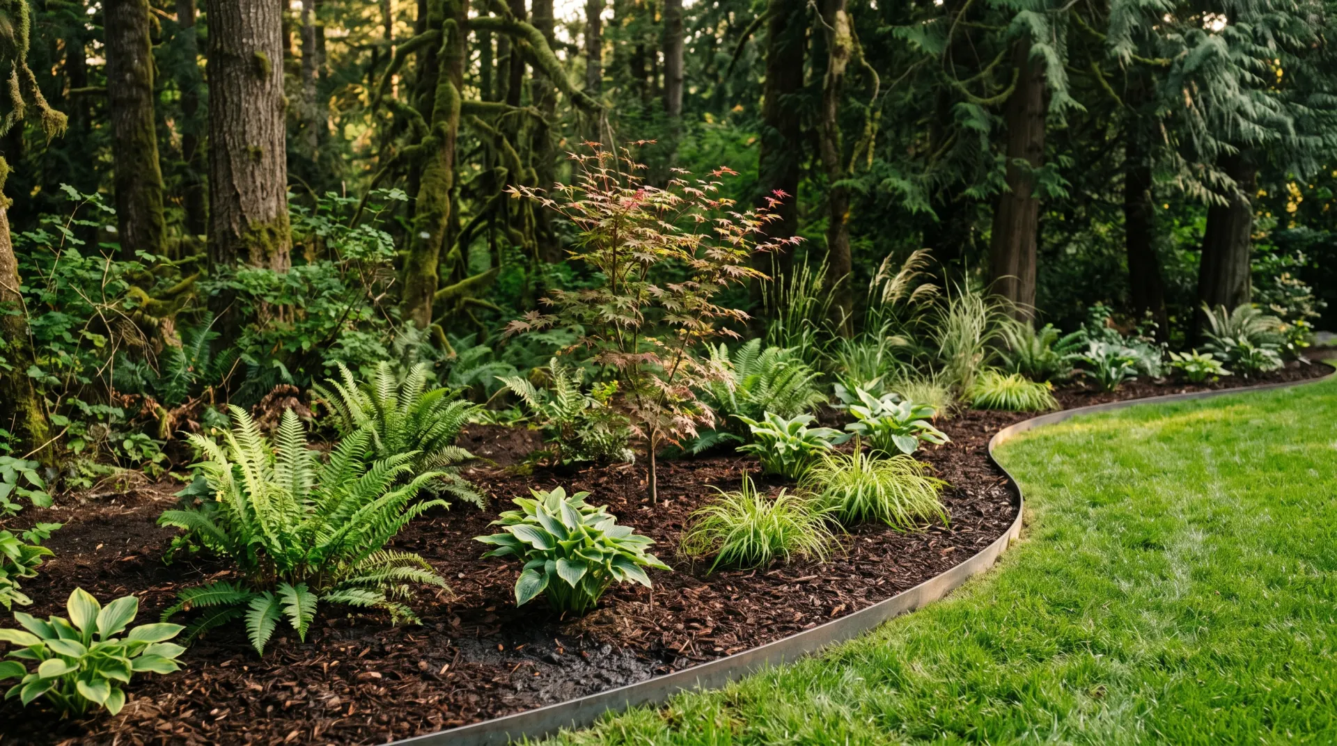 New garden bed of ferns, hostas and a Japanese maple in dark mulch with steel edging