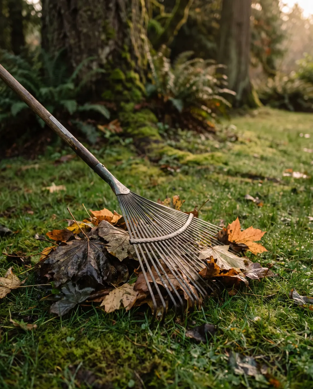 Leaf rake pulling wet maple leaves into a pile on the lawn