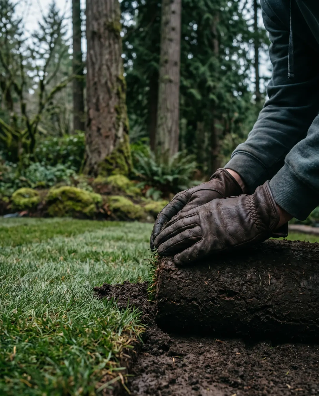 Gloved hands pressing a fresh sod seam tight against the next roll