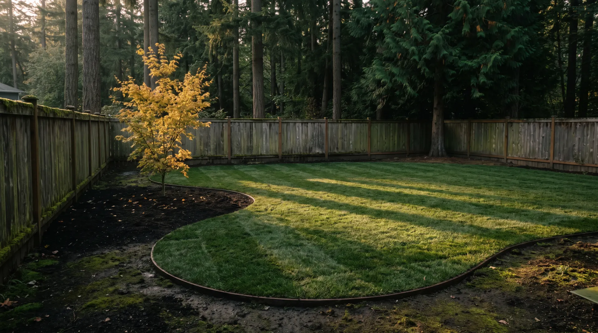 Freshly laid sod lawn with a curved bed edge and cedar fence in golden-hour light